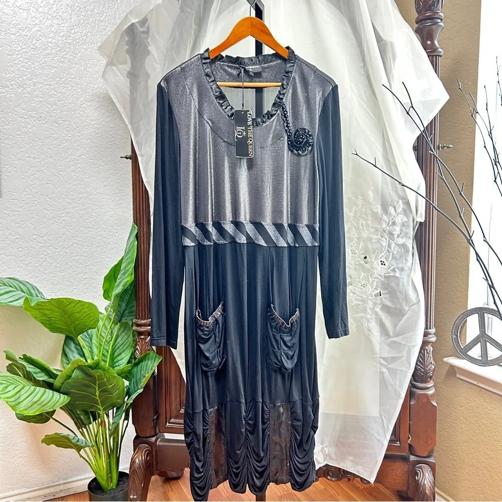 Love the Queen black lagenlook black draping dress with pockets medium new boho